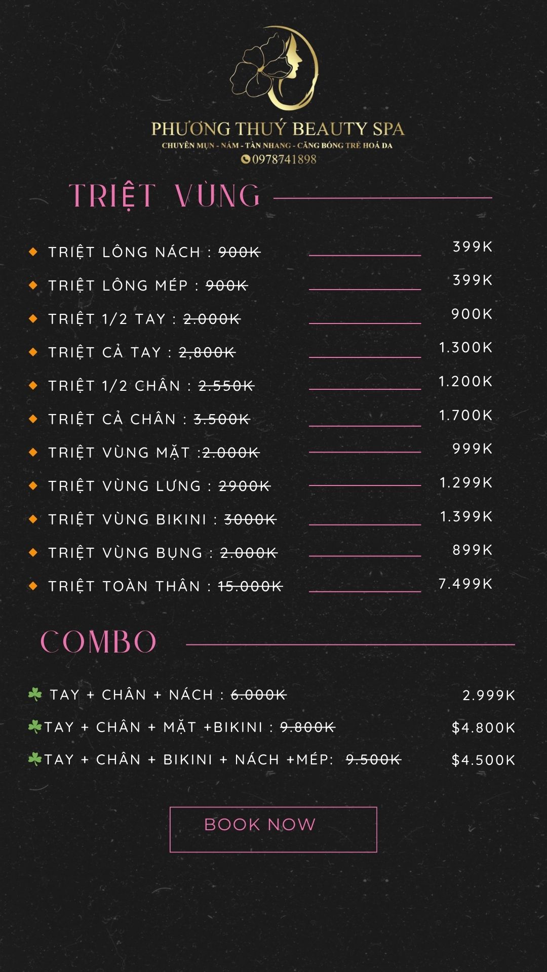 Bảng giá dịch vụ triệt lông vĩnh viễn tại spa Phương Thuys- Thành Phố Lào Cai